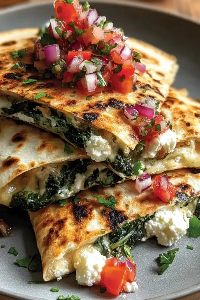 Mediterranean Quesadillas 1 Crispy Mediterranean quesadillas with spinach, feta, and fresh tomato topping