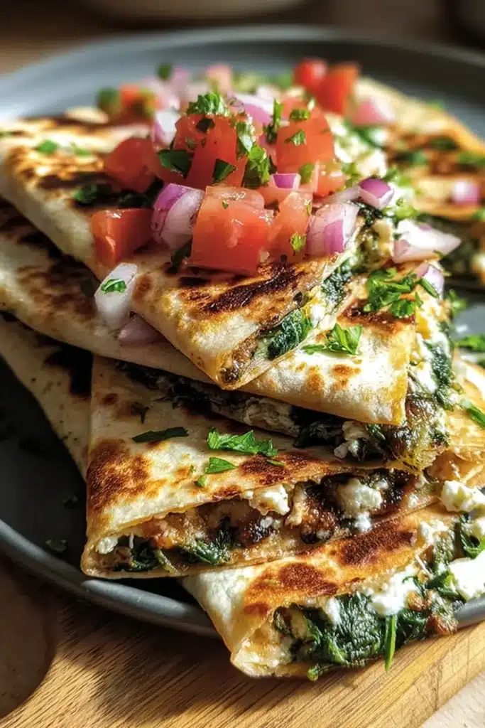 Mediterranean Quesadillas 2 Crispy Mediterranean Quesadillas with spinach, feta, and tomato topping