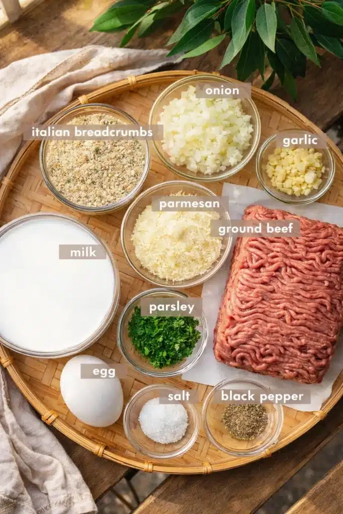 Melt-In-Your-Mouth Italian Meatballs 2 Flat lay of Italian meatball ingredients including ground beef, breadcrumbs, milk, and Parmesan