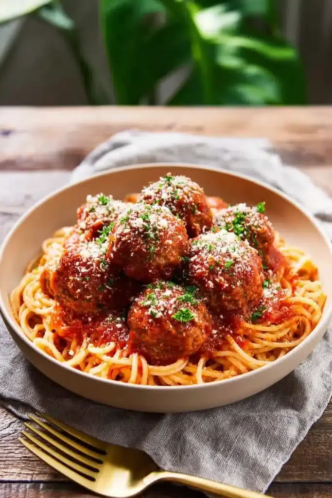 Melt-In-Your-Mouth Italian Meatballs 3 Bowl of melt-in-your-mouth Italian meatballs with spaghetti and marinara sauce