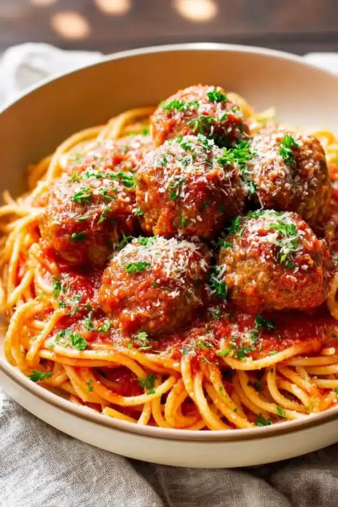 Melt-In-Your-Mouth Italian Meatballs 1 Bowl of spaghetti and Italian meatballs topped with marinara sauce, Parmesan, and parsley