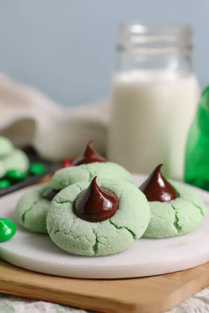 Mint chocolate kiss blossom cookies on marble surface with glossy chocolate topping
