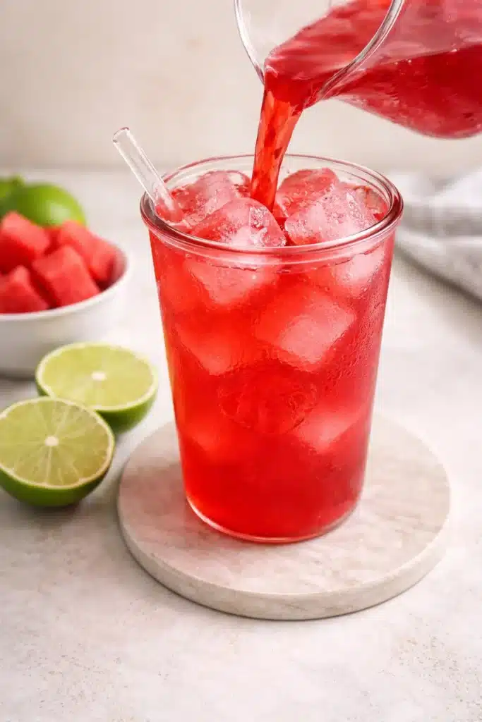 Pouring Natures Gatorade over ice in a glass jar with watermelon and lime