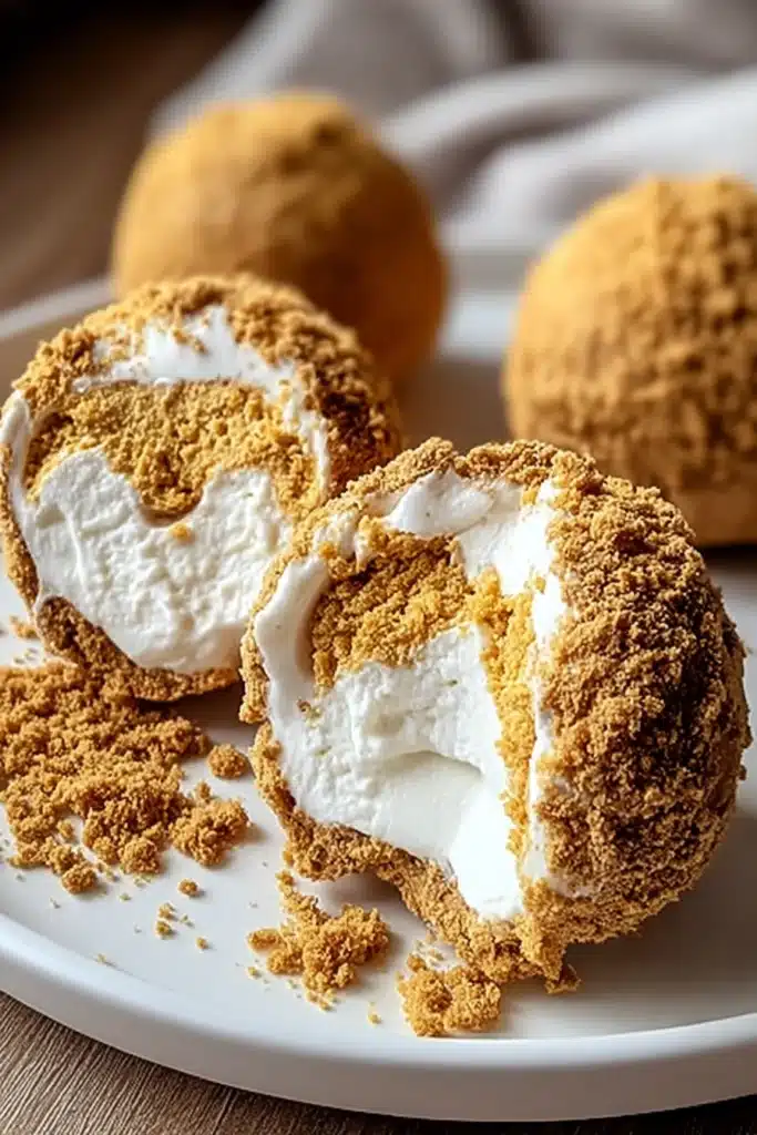 No-Bake Pumpkin Cheesecake Balls 2 No-Bake Pumpkin Cheesecake Balls cut open with creamy filling and graham crumb coating