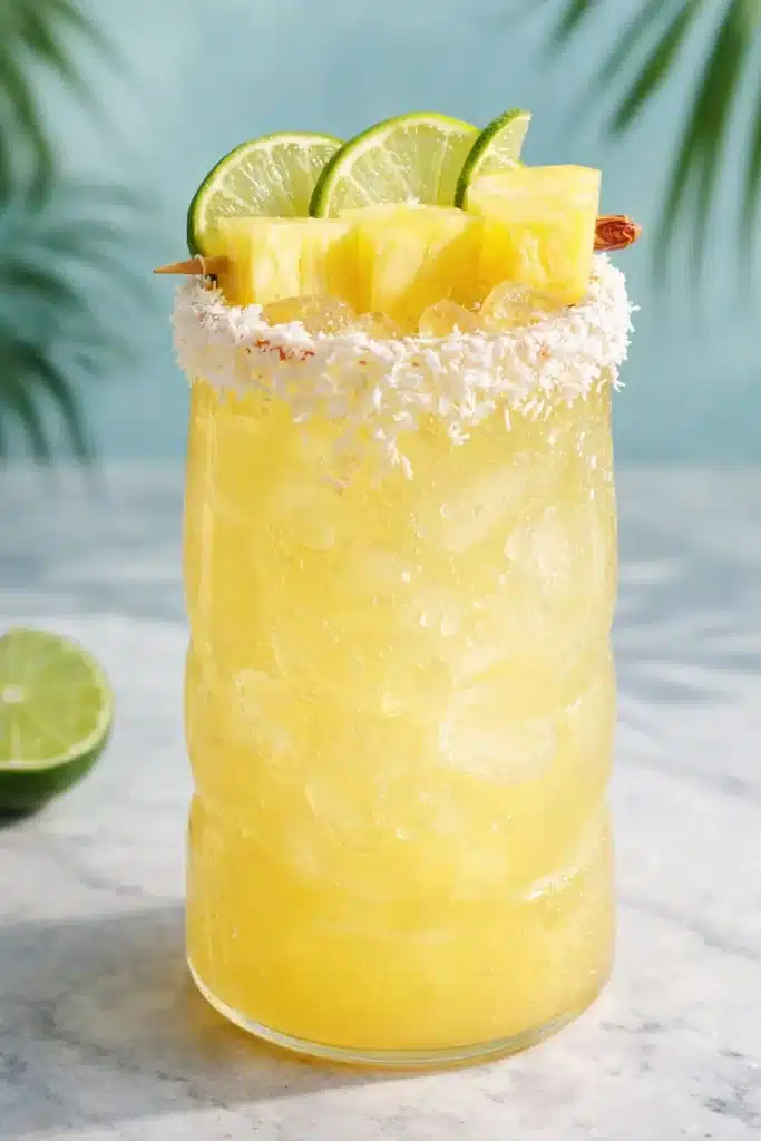 Non Alcoholic Piña Colada Punch with coconut rim and pineapple lime garnish