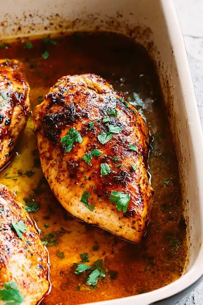 Oven Roasted Chicken Breast Recipe That Stays Juicy and Flavorful 2 Oven Roasted Chicken Breast baking in pan with golden juices