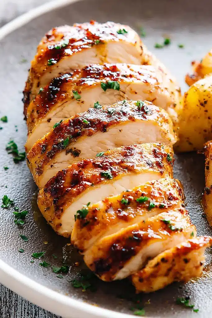 Oven Roasted Chicken Breast Recipe That Stays Juicy and Flavorful 1 Juicy sliced oven roasted chicken breast with golden crust and fresh herbs