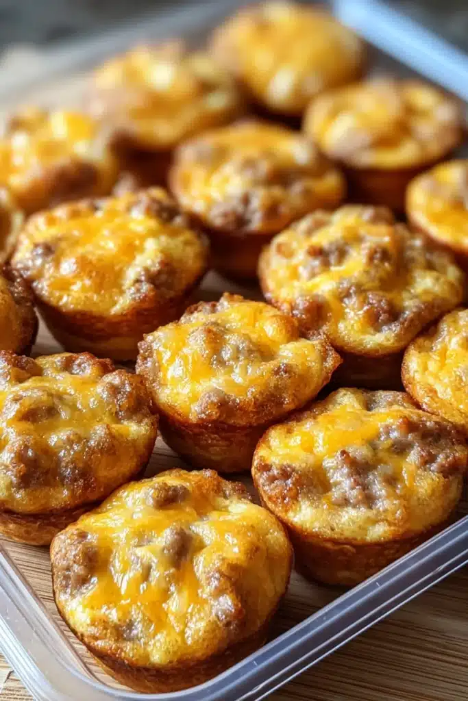 Pancake Sausage Mini Muffins – The Ultimate High-Protein Breakfast Bite 2 Golden brown pancake sausage mini muffins topped with melted cheese