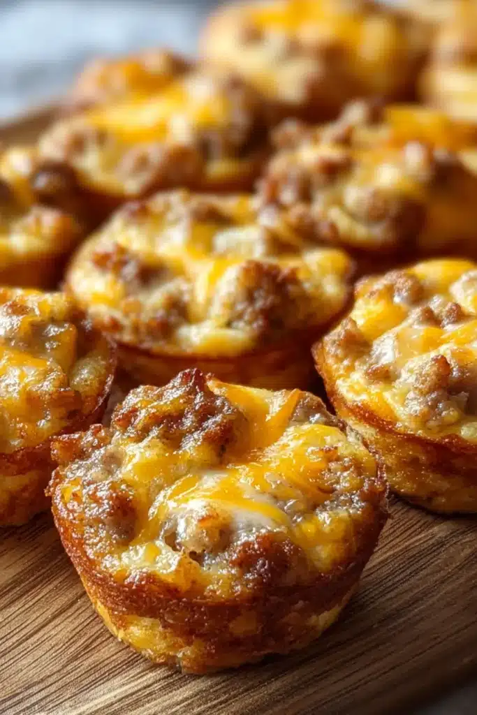 Pancake Sausage Mini Muffins – The Ultimate High-Protein Breakfast Bite 1 Golden brown pancake sausage mini muffins topped with melted cheese on a tray