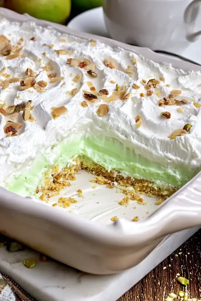 Pistachio Lush Recipe That’s Creamy, Easy, and Crowd Pleasing 2 Pistachio Lush layered dessert in baking dish with whipped topping and almond slices