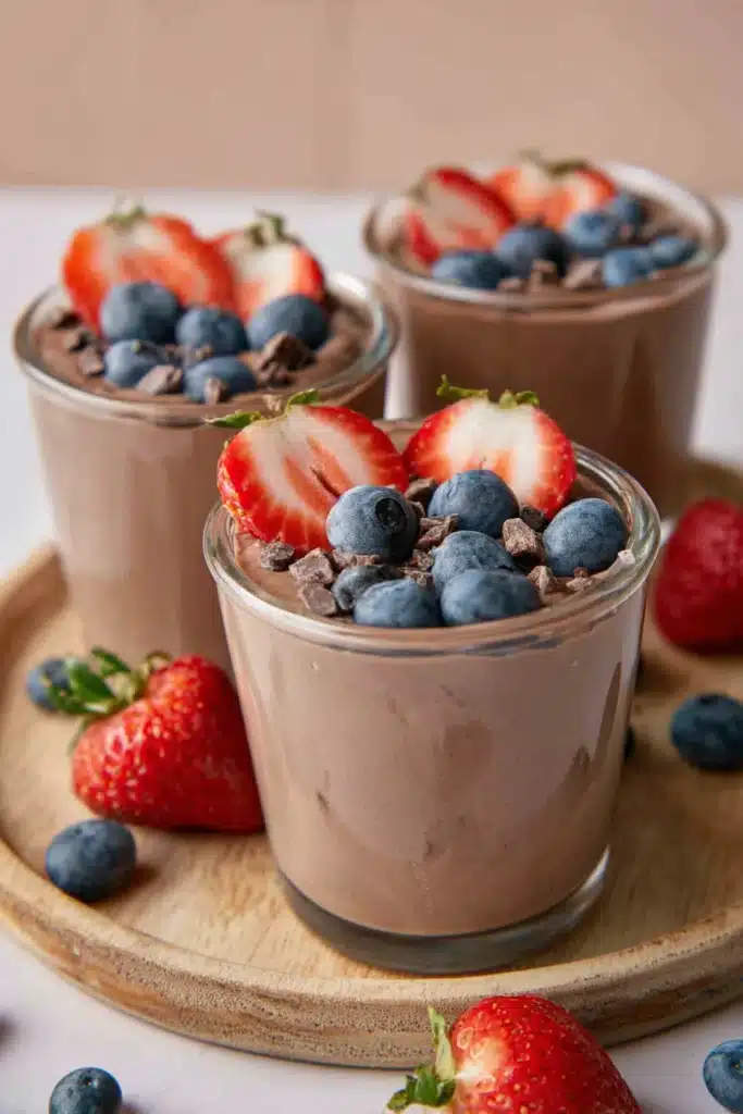 Protein Pudding: Creamy, High-Protein Chocolate Treat 1 Chocolate protein pudding with strawberries and blueberries in glass cups