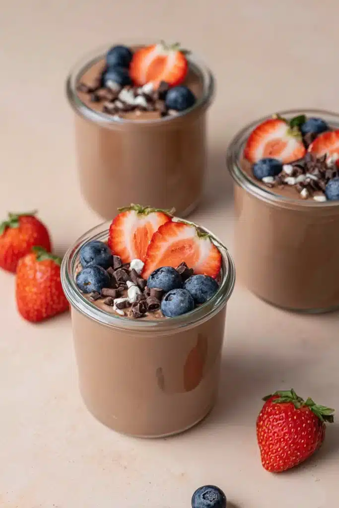 Protein Pudding: Creamy, High-Protein Chocolate Treat 3 Chocolate protein pudding with strawberries and blueberries in glass jars