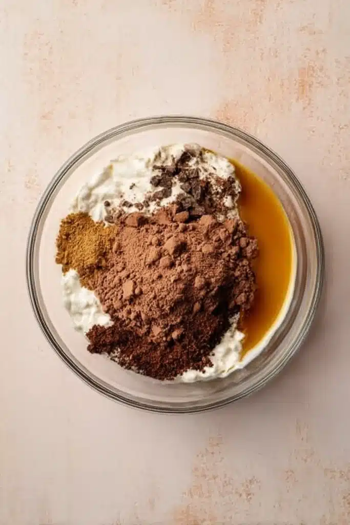 Protein Pudding: Creamy, High-Protein Chocolate Treat 2 Protein pudding ingredients in a glass bowl before mixing