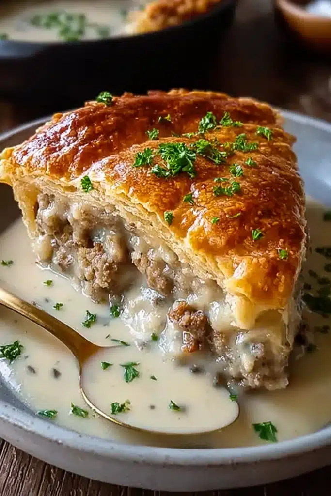 Sausage Gravy Biscuit Pie – A Cozy, Easy Breakfast Favorite 2 Slice of sausage gravy biscuit pie with golden flaky crust and creamy sausage filling