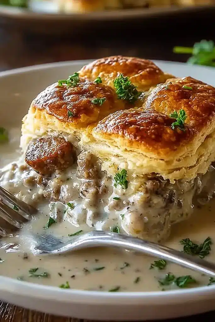Sausage Gravy Biscuit Pie – A Cozy, Easy Breakfast Favorite 1 Slice of sausage gravy biscuit pie with creamy gravy and golden flaky biscuits