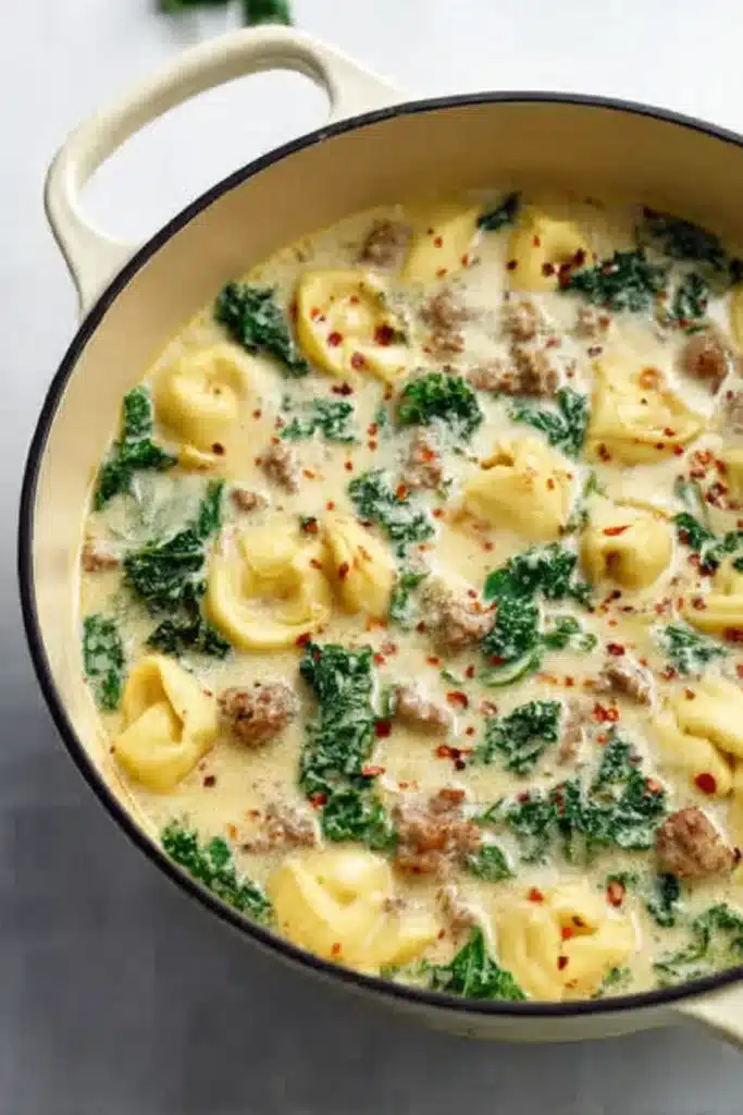 Sausage Tortellini Soup 3 Creamy sausage tortellini soup with kale simmering in a Dutch oven