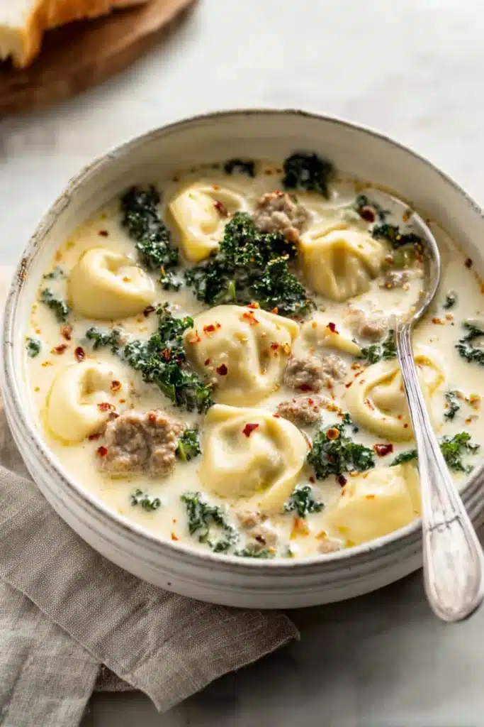 Sausage Tortellini Soup 1 Creamy sausage tortellini soup with kale in a white bowl on a wooden table