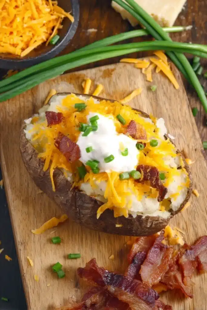 Slow Cooker Baked Potatoes 4 Loaded baked potato with cheese, bacon, sour cream, and chives on wooden board