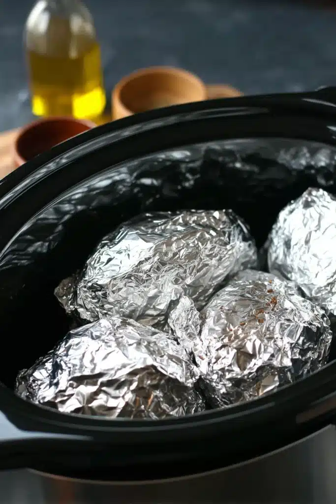 Slow Cooker Baked Potatoes 3 Foil-wrapped potatoes in a slow cooker ready to cook