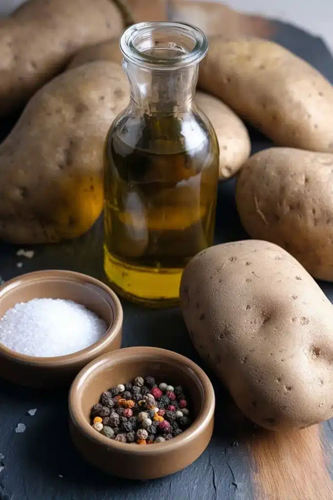 Slow Cooker Baked Potatoes 2 Raw Russet potatoes with olive oil, salt, and pepper for Slow Cooker Baked Potatoes