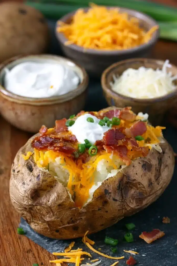 Slow Cooker Baked Potatoes 1 Loaded baked potato with melted cheese, bacon, sour cream, and chives on a rustic board