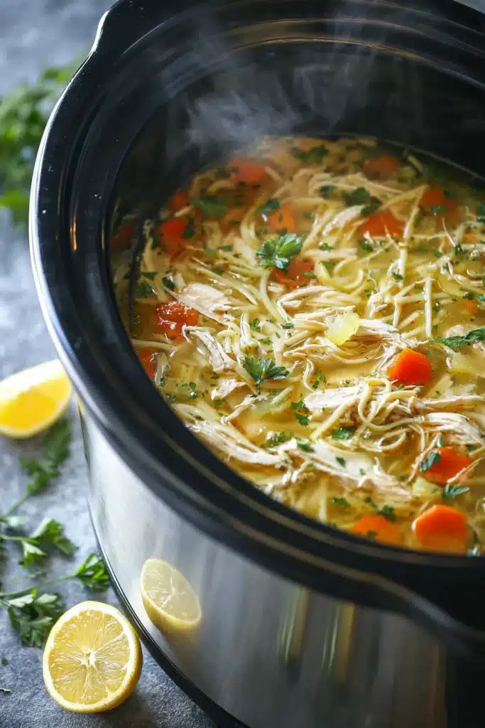 Slow cooker chicken noodle soup with carrots, noodles, and herbs in golden broth
