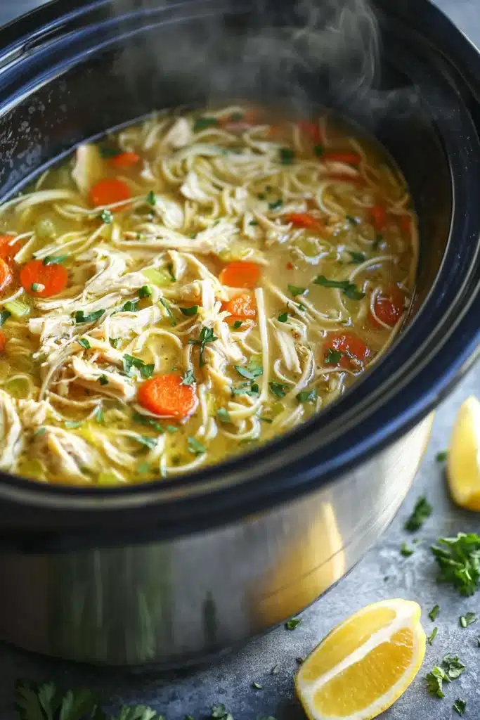 Slow cooker chicken noodle soup with carrots, noodles, and herbs in golden broth