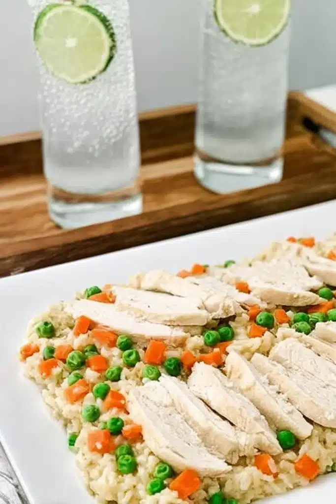 Slow Cooker Chicken and Rice 1 Slow cooker chicken and rice with sliced chicken, peas, and carrots on a white plate