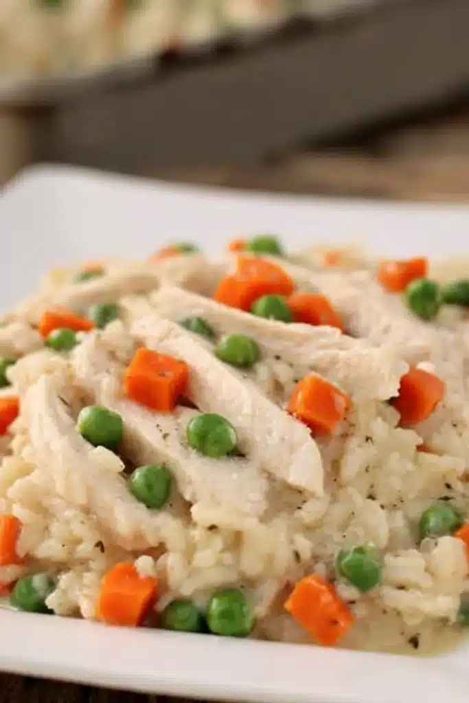 Slow Cooker Chicken and Rice 3 Creamy slow cooker chicken and rice with peas, carrots, and sliced chicken