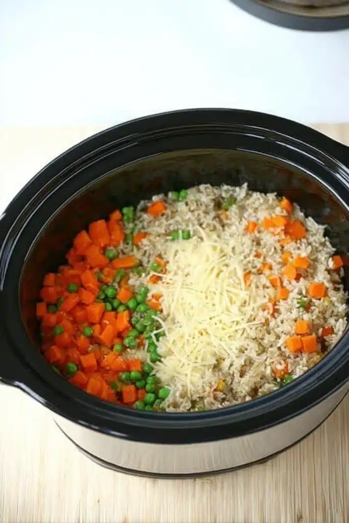 Slow Cooker Chicken and Rice 2 Slow cooker chicken and rice with peas, carrots, and melted cheese