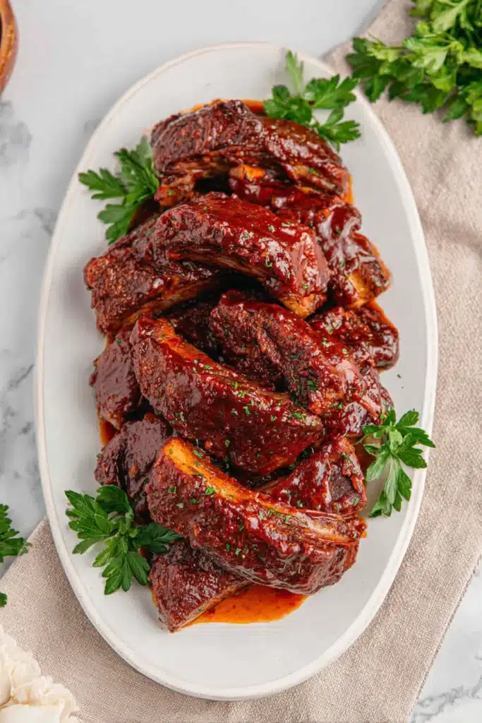 Slow cooker country-style ribs with BBQ sauce on a white platter