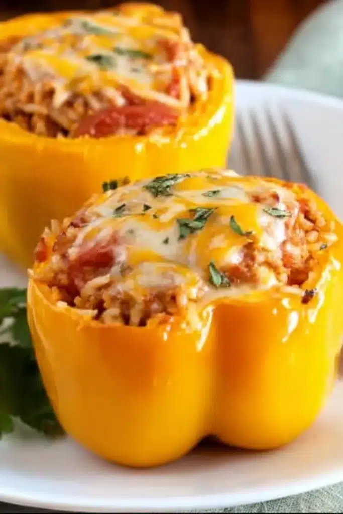 Slow Cooker Stuffed Peppers 3 Slow cooker stuffed yellow peppers topped with melted cheese and herbs