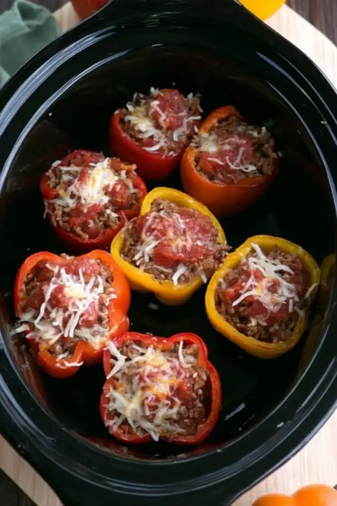 Slow Cooker Stuffed Peppers 2 Stuffed peppers filled with rice, sausage, salsa, and cheese in a slow cooker