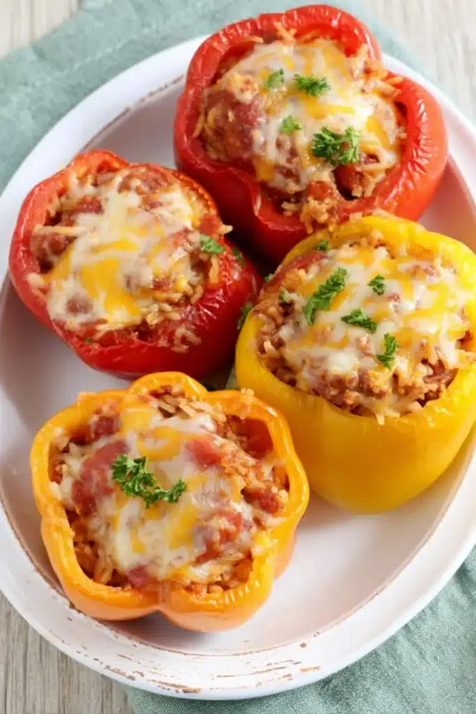Slow Cooker Stuffed Peppers 1 Slow cooker stuffed peppers with rice, sausage, and melted cheese on white plate