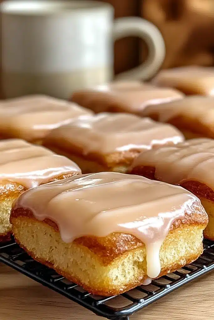 Soft Baked Maple Donut Bars 1 Soft Baked Maple Donut Bars topped with a smooth, glossy maple glaze. Golden edges and fluffy texture make this cozy breakfast treat irresistible and bakery-worthy.