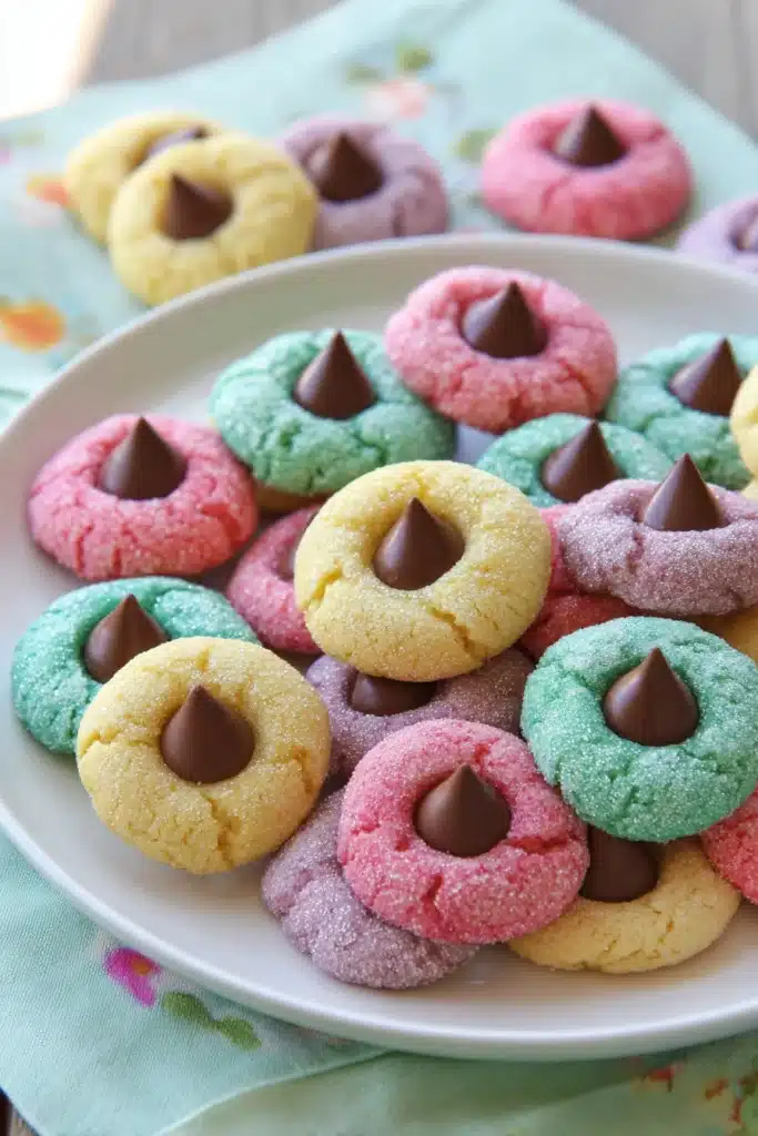 Spring Blossom Cookies 1 Colorful spring blossom cookies with chocolate centers on white plate