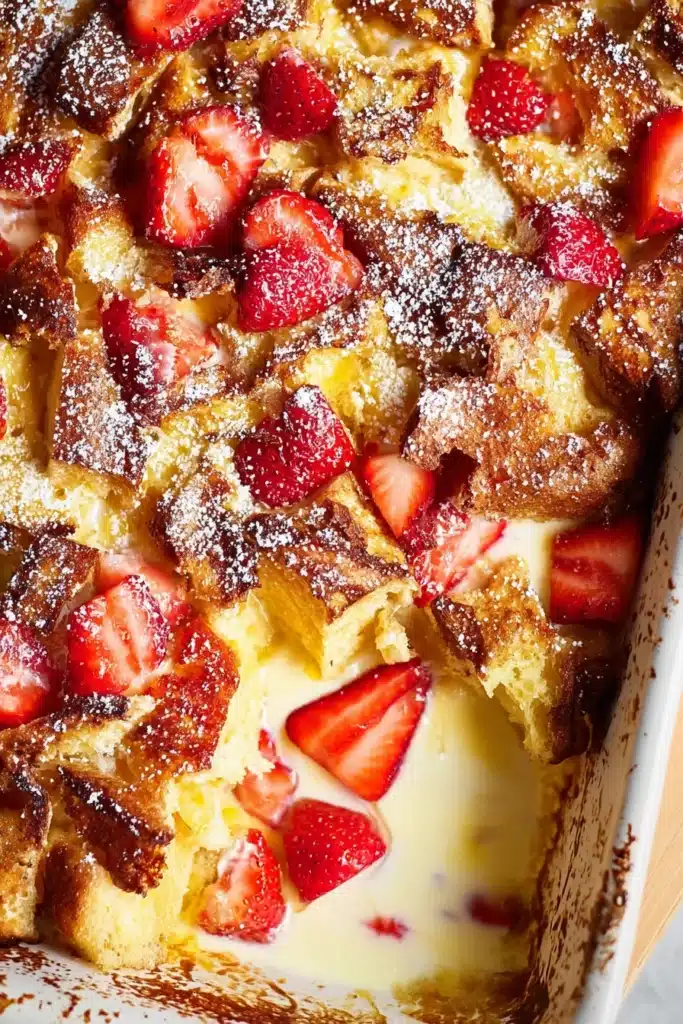 Partially served Strawberries and Cream French Toast bake with fresh strawberries