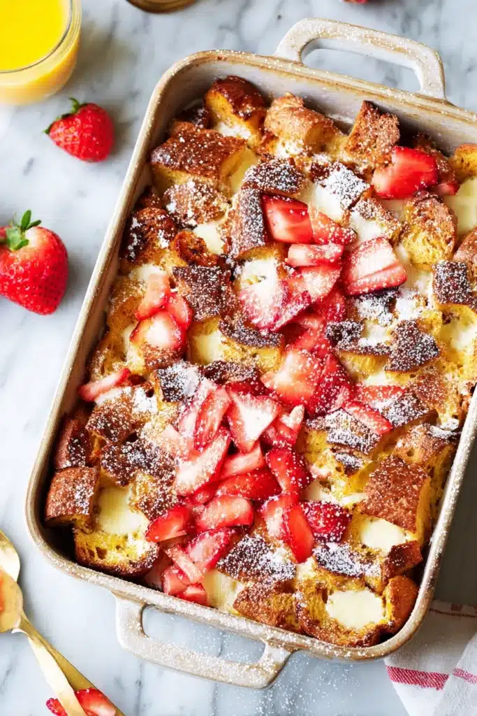 Strawberries and Cream French Toast casserole ingredients in a baking dish before baking