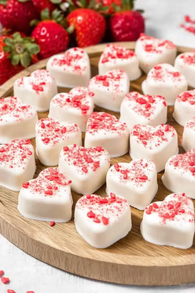 Heart-shaped strawberries and cream truffles on wooden board with red strawberry crumbs
