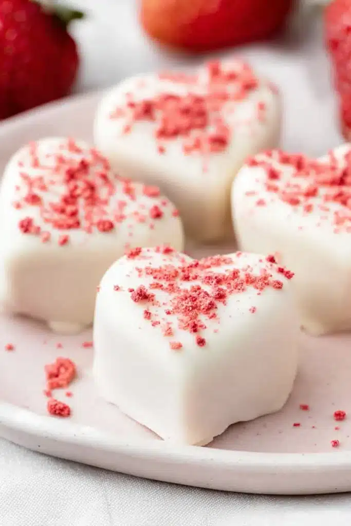 Heart-shaped strawberries and cream truffles coated in white chocolate and topped with red strawberry crumbs