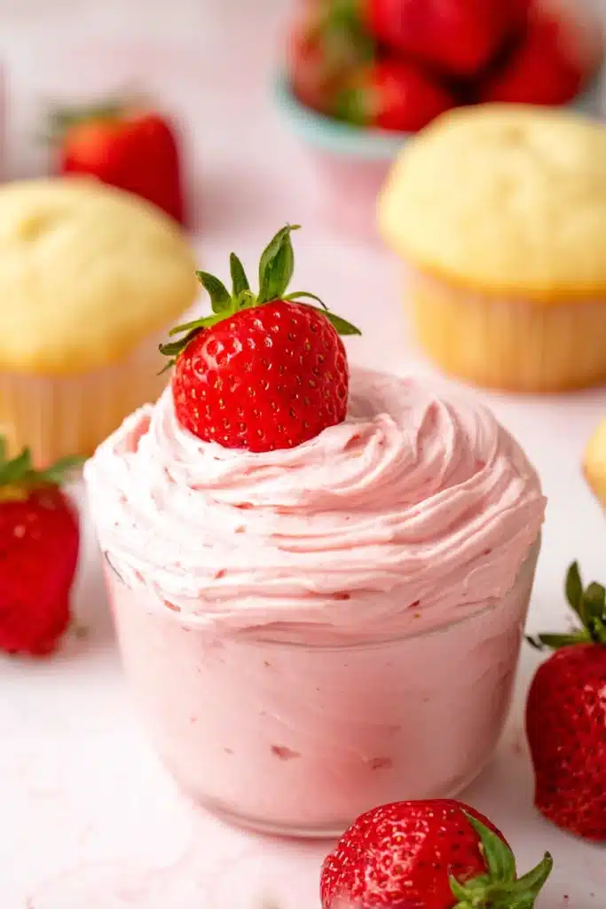 Strawberry Buttercream Frosting Recipe 1 Fluffy strawberry buttercream frosting in a glass topped with a fresh strawberry