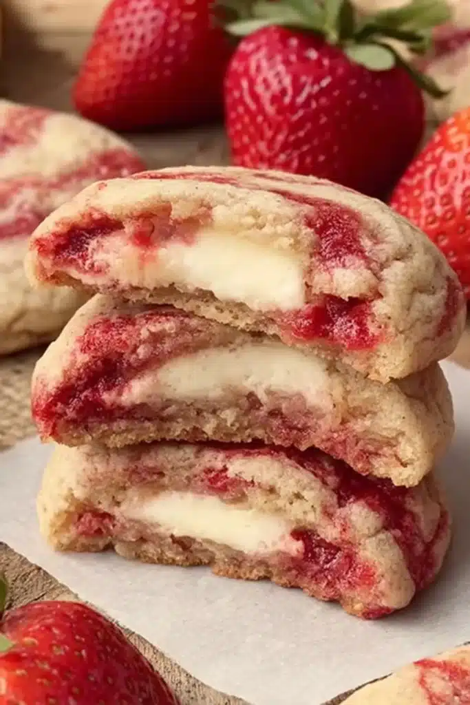 Strawberry Cheesecake Cookies 3 Soft strawberry cheesecake cookies with creamy cheesecake filling and fresh strawberries