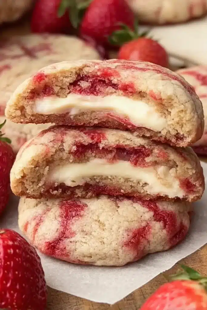 Strawberry Cheesecake Cookies 1 Soft strawberry cheesecake cookies with creamy cheesecake filling and fresh strawberries