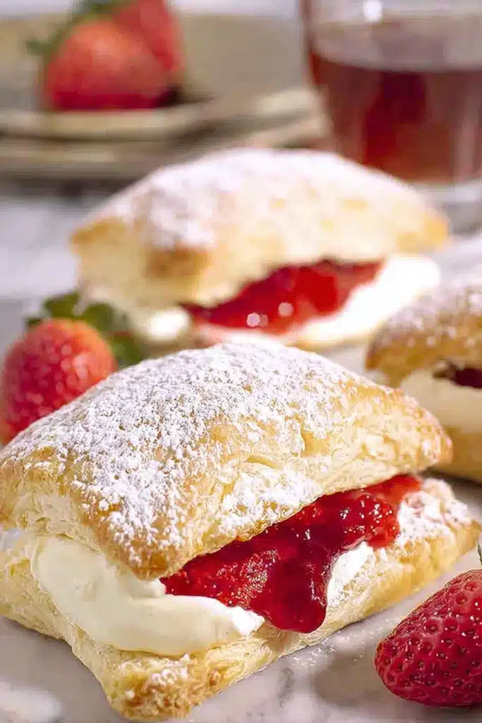 Strawberry Cheesecake Puffs 1 Strawberry cheesecake puffs with flaky pastry, cream filling, and fresh strawberry sauce