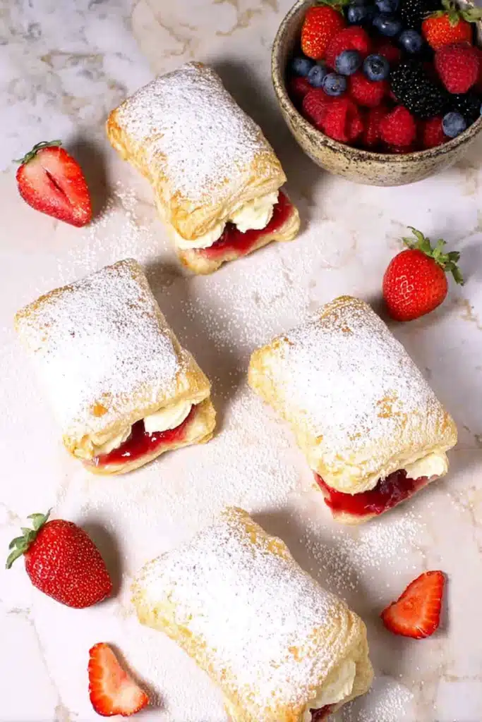 Strawberry Cheesecake Puffs 2 Overhead strawberry cheesecake puffs with cream filling and strawberry sauce