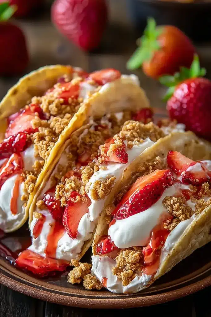 Strawberry Cheesecake Tacos: A Sweet Breakfast Twist 1 Strawberry cheesecake tacos with cream filling and fresh strawberries on a rustic plate