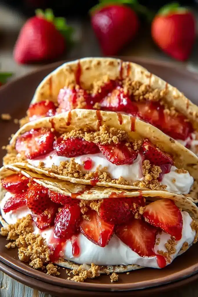 Strawberry Cheesecake Tacos: A Sweet Breakfast Twist 2 Strawberry cheesecake tacos topped with cream, fresh strawberries, and graham crumble