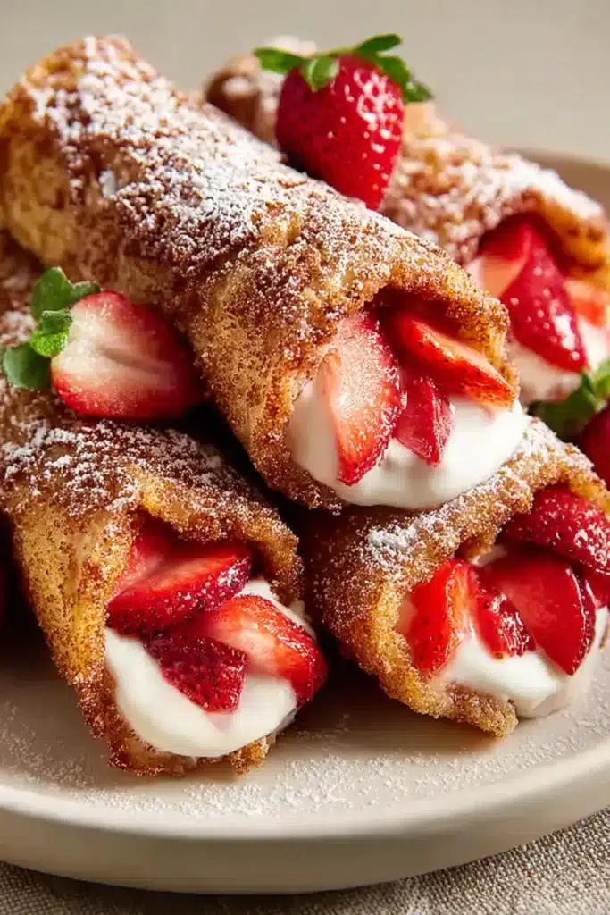 Strawberry French toast roll-ups filled with cream and fresh strawberries, dusted with powdered sugar.