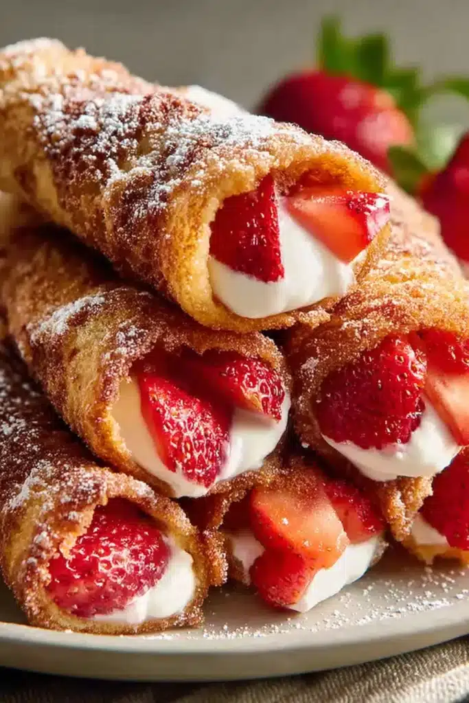 Strawberry French toast roll-ups filled with cream and fresh strawberries, dusted with powdered sugar.