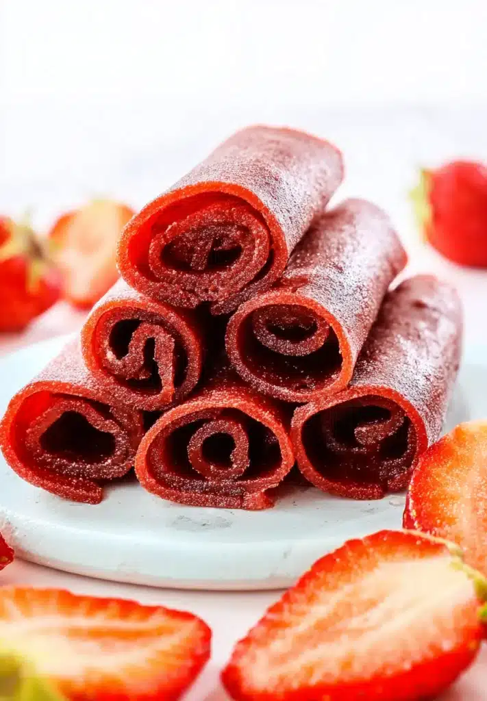 Strawberry Fruit Roll-Ups 1 Homemade strawberry fruit roll-ups stacked with fresh strawberries on a light plate